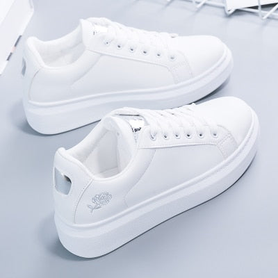 Embroidered White Lace-Up Sneakers